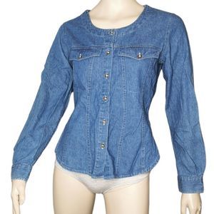 VINTAGE 𝅺Santa Barbara Denim Shirt Fitted Collarless 90's Y2K Sexy Size Small